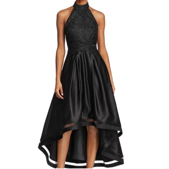 AVERY G Black Lace Bodice Halter T-Back Hi-Low Formal Dress